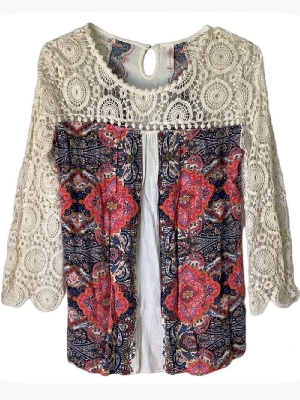 XHILARATION Lace Sleeve Floral Print Tunic Top, Women’s M, White Multicolor